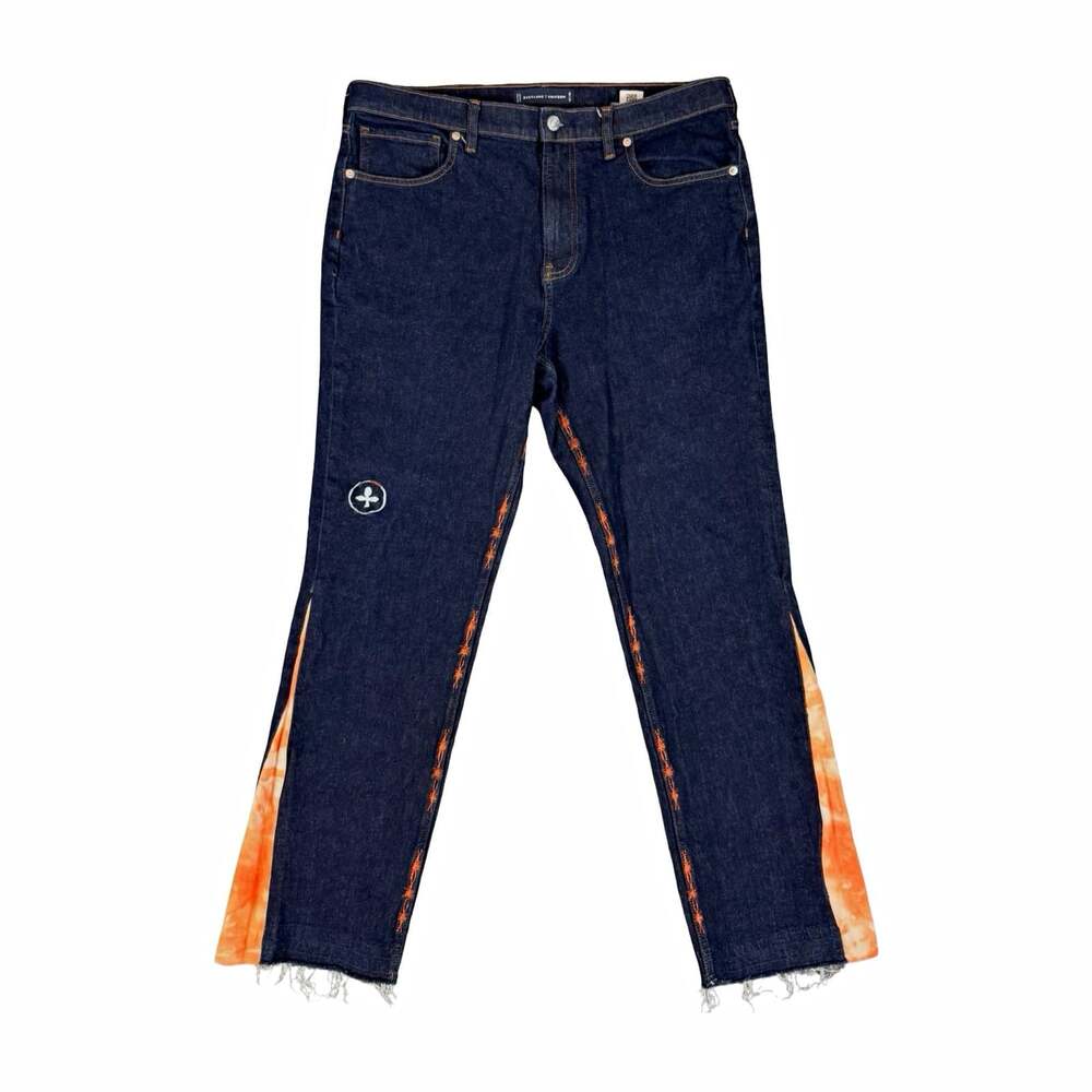 Everlane Uniform Relaxed Straight Dark Wash Jeans Orange Side Panels Frayed Hem